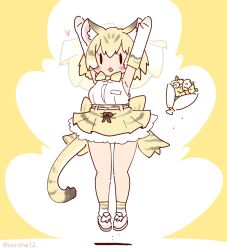Rule 34 | 1girl, animal ears, arms up, blonde hair, bow, bowtie, cat ears, cat girl, cat tail, coroha, elbow gloves, extra ears, flower, full body, gloves, jumping, kemono friends, looking at viewer, sand cat (kemono friends), shirt, shoes, short hair, simple background, skirt, sleeveless, sleeveless shirt, socks, solo, tail, yellow background