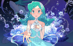 Rule 34 | 1girl, choker, collarbone, commentary request, creatures (company), dress, eyelashes, flower, game freak, gen 2 pokemon, green eyes, green hair, hair ornament, kris (pokemon), kris (sygna suit) (pokemon), kusuribe, legendary pokemon, long hair, looking at viewer, nintendo, official alternate costume, open mouth, outstretched hand, pokemon, pokemon masters ex, smile, sparkle, suicune, twitter username, watermark