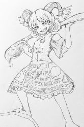 Rule 34 | 1girl, barefoot, commentary request, curly hair, d-m (dii emu), detached sleeves, dress, earrings, feet out of frame, female focus, greyscale, grin, holding spork, horn ornament, horn ribbon, horns, jewelry, looking at viewer, meandros, monochrome, oil, oversized object, patterned clothing, pointy ears, ribbon, sharp teeth, sheep horns, smile, solo, spork, teeth, touhou, toutetsu yuuma, traditional media