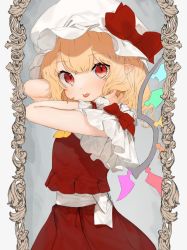 Rule 34 | 1girl, :p, ascot, bad id, bad twitter id, blonde hair, bow, commentary request, cowboy shot, crystal, flandre scarlet, gotou (nekocat), grey background, hands in hair, hat, hat bow, looking at viewer, mob cap, pointy ears, red bow, red eyes, red skirt, red vest, shirt, short hair, short sleeves, skirt, solo, tongue, tongue out, touhou, vest, white hat, white shirt, wings, yellow ascot
