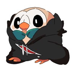 Rule 34 | animal focus, beak, bird, borrowed clothes, bow, bowtie, clothed pokemon, cosplay, creatures (company), dailyrowlet, full body, game freak, gen 7 pokemon, gladion (pokemon), gladion (pokemon) (cosplay), hood, hoodie, kundroid, leaf, nintendo, no humans, oversized clothes, owl, pokemon, pokemon (creature), pokemon sm, rowlet, simple background, solo, transparent background, white background