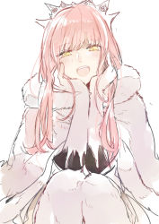 Rule 34 | 1girl, bad id, bad twitter id, blunt bangs, blush, coat, commentary request, elbow gloves, elbows on knees, fate/grand order, fate (series), fur coat, gloves, hands on own cheeks, hands on own face, long hair, looking at viewer, medb (fate), medb (first ascension) (fate), open mouth, pink hair, shima f0509, simple background, sketch, solo, tiara, white background, white legwear, yellow eyes