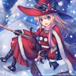 Rule 34 | .hack//, 1girl, :d, bad id, bad pixiv id, black gloves, blonde hair, blush, boots, broom, cape, cat, gloves, green eyes, guilty dragon, hat, holding, kaizeru, open mouth, scarf, sitting, smile, snowing, solo, sparkle, watermark, witch hat