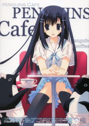 Rule 34 | bird, blue eyes, blue hair, blush, cafe, chair, cup, hair ornament, hairclip, highres, kneehighs, long hair, mitsumi misato, own hands clasped, own hands together, penguin, plaid, scan, school uniform, serafuku, sitting, skirt, smile, socks, solo, table, teacup