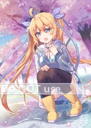 Rule 34 | 1girl, ahoge, black thighhighs, blazer, blonde hair, blue eyes, blue jacket, blue panties, blue ribbon, blue skirt, boots, brown footwear, collared shirt, commentary request, day, english text, fang, hair between eyes, hair ribbon, highres, jacket, long hair, mo (pixiv9929995), neck ribbon, open mouth, original, outdoors, panties, petals, pleated skirt, raincoat, red ribbon, ribbon, rubber boots, see-through, shallow water, shirt, skirt, solo, squatting, sweater vest, thighhighs, tree, twintails, underwear, very long hair, water, watermark, white shirt