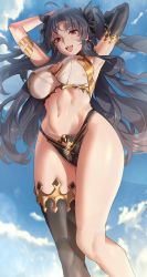 Rule 34 | 1girl, absurdres, ahoge, armpits, asymmetrical legwear, black gloves, black hair, black panties, blush, breasts, cleavage cutout, clothing cutout, earrings, elbow gloves, fate/grand order, fate (series), female focus, from below, gloves, highres, hoop earrings, ishtar (fate), ishtar (swimsuit rider) (fate), jewelry, large breasts, long hair, looking at viewer, navel, open mouth, panties, po ppe, red eyes, single glove, single thighhigh, solo, thighhighs, toned, twintails, underwear