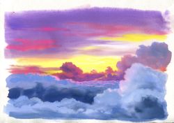 Rule 34 | above clouds, border, cloud, cloud focus, highres, no humans, original, pink clouds, purple sky, sawitou mizuki, scenery, sky, sunset, traditional media, white border