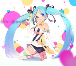 Rule 34 | 1girl, :o, ankle lace-up, ankle ribbon, aqua hair, bare shoulders, blue eyes, bow, bowtie, cross-laced footwear, elbow gloves, gloves, gun, hatsune miku, heart, heart shooter (vocaloid), high heels, kneeling, leg ribbon, long hair, open mouth, purple eyes, ribbon, shoes, shorts, solo, squatting, ssberit, thighhighs, twintails, very long hair, vocaloid, weapon, white thighhighs