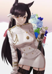 Rule 34 | 1girl, animal ears, atago (azur lane), azur lane, black hair, black thighhighs, bouquet, breasts, buttons, double-breasted, flower, garter straps, gloves, hair behind ear, highres, jacket, large breasts, long hair, orange eyes, pencil skirt, ribbon, sheath, sheathed, side slit, skirt, solo, thighhighs, white gloves, white jacket, white ribbon, yofo, zettai ryouiki