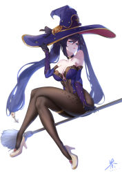 Rule 34 | 1girl, absurdres, alternate breast size, bare shoulders, black choker, black gloves, black hair, black ribbon, blue eyes, blue hair, blue hat, blue leotard, blush, breasts, broom, broom riding, brown pantyhose, chamuhz, choker, cleavage, collarbone, covered navel, crossed legs, dark blue hair, detached sleeves, elbow gloves, eyebrows hidden by hair, eyes visible through hair, full body, genshin impact, gloves, gradient hair, grin, hair between eyes, hair ribbon, half-closed eyes, hand up, hat, head tilt, high heels, highres, holding, holding clothes, holding hat, jewelry, large breasts, large hat, leotard, lips, long hair, looking at viewer, mona (genshin impact), multicolored hair, neck, necklace, pantyhose, ribbon, simple background, smile, solo, strapless, strapless leotard, thighlet, thighs, twintails, very long hair, white background, witch, witch hat, yellow footwear