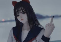 Rule 34 | 1girl, aoi ogata, artist name, black hair, blue eyes, blue sailor collar, blurry, blurry background, bow, closed mouth, commentary, depth of field, english commentary, hair bow, hand up, highres, long hair, long sleeves, looking at viewer, middle finger, pipimi, poptepipic, red bow, red lips, sailor collar, school uniform, serafuku, shirt, smile, solo, upper body, white shirt
