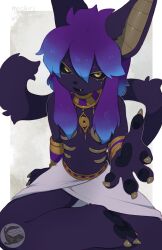 Rule 34 | 1girl, :3, absurdres, animal ears, animal feet, animal hands, animal nose, arm up, artist name, barefoot, black sclera, blue hair, body fur, border, bracer, claws, colored sclera, egyptian, eyeliner, fang, female focus, flat chest, furry, furry female, gold, gradient hair, grey background, hair between eyes, hair censor, half-closed eyes, happy, highres, indian style, long hair, looking at viewer, makeup, mochiri (mochiri work), multicolored hair, navel, open mouth, original, outside border, pawpads, purple fur, purple hair, reaching, reaching towards viewer, sidelocks, signature, simple background, sitting, skirt, smile, solo, stomach, tail, toes, topless, two-tone hair, usekh collar, v-shaped eyebrows, watermark, white border, white skirt, yellow eyeliner, yellow eyes