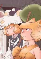 Rule 34 | 2girls, absurdres, animal hands, animal hat, blonde hair, breasts, closed mouth, commentary request, commission, crossover, dress, elbow gloves, fox girl, fox hat, frills, gap (touhou), gloves, halterneck, hat, highres, holding, holding staff, leaf umbrella, looking back, mob cap, moonlight flower, multiple girls, one eye closed, onikobe rin, ragnarok online, rain, red eyes, second-party source, short hair, signature, skeb commission, small breasts, staff, standing, tabard, tassel, touhou, trait connection, upper body, white dress, yakumo ran, yellow eyes, yellow fur, yellow gloves