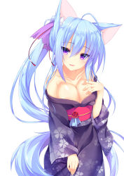 Rule 34 | 1girl, ahoge, animal ears, areola slip, bare shoulders, blue hair, blush, bow, breasts, cleavage, collarbone, cowboy shot, fang, hair bow, hand on own chest, head tilt, highres, hinamushi (shokuyou), japanese clothes, long hair, looking at viewer, medium breasts, no bra, obi, obiage, obijime, off shoulder, open mouth, original, ponytail, purple eyes, sash, smile, solo, standing, tail