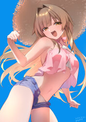 Rule 34 | 1girl, bare arms, bare shoulders, bikini, blue shorts, blue sky, brown eyes, brown hair, commentary request, dated, denim, denim shorts, from below, hair intakes, hat, highres, long hair, looking at viewer, navel, open fly, open mouth, pink bikini, seto no hanayome, seto sun, shiromonefu, shorts, sky, smile, solo, stomach, straw hat, sun hat, swimsuit