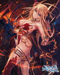 Rule 34 | 1girl, aqua eyes, bare shoulders, black nails, blonde hair, breasts, chain, character request, claws, cleavage, embers, fingernails, fire, gold, head tilt, horns, large breasts, long fingernails, long hair, looking at viewer, magic, mana (remana), nail polish, red thighhighs, shiny skin, sleeveless, smile, solo, soul of crystal, thigh strap, thighhighs, very long hair, wings