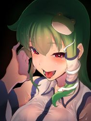 Rule 34 | 1girl, absurdres, bare shoulders, black background, bralines, breasts, detached sleeves, frog hair ornament, green hair, hair ornament, hair tubes, heart, heart-shaped pupils, highres, japanese clothes, kochiya sanae, long hair, miko, open mouth, red eyes, see-through, shiya, snake hair ornament, solo, sweat, symbol-shaped pupils, tongue, touhou