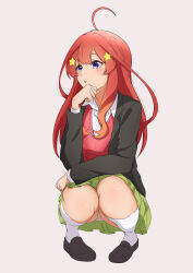 Rule 34 | 1girl, :o, absurdres, ahoge, black footwear, black jacket, blue eyes, blush, clenched hand, collared shirt, commentary request, eyebrows hidden by hair, full body, go-toubun no hanayome, green skirt, grey background, hair between eyes, hair ornament, hand up, highres, jacket, kneehighs, loafers, long hair, looking to the side, miniskirt, nakano itsuki, nishizuki shino, open clothes, open jacket, open mouth, panties, panty peek, pleated skirt, red hair, red sweater vest, school uniform, shirt, shoes, sidelocks, simple background, skirt, socks, solo, squatting, star (symbol), star hair ornament, sweater vest, underwear, white panties, white shirt, white socks