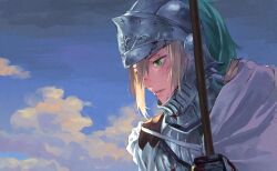 Rule 34 | 1boy, armor, bedivere (fate), blonde hair, blood, blood on clothes, blood on face, blue sky, breastplate, cape, cloud, cuirass, fate/grand order, fate (series), full armor, green eyes, hair between eyes, hair tubes, helm, helmet, highres, holding, holding polearm, holding weapon, knight, korean commentary, long hair, looking down, low ponytail, male focus, parted lips, pauldrons, plume, polearm, portrait, potato goril, profile, shoulder armor, sky, solo, spear, visor (armor), weapon