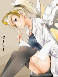 Rule 34 | 1girl, akino shuu, beige background, black pantyhose, black shirt, black skirt, blonde hair, blue eyes, chair, character name, clothes pull, coat, collarbone, finger to mouth, headgear, lab coat, leaning forward, long sleeves, looking at viewer, mechanical wings, mercy (overwatch), open clothes, open coat, overwatch, overwatch 1, pantyhose, pantyhose pull, pencil skirt, ponytail, shirt, simple background, sitting, skirt, solo, stethoscope, wings