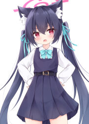Rule 34 | 1girl, angry, animal ears, black dress, black hair, blue archive, bow, bowtie, copyright request, dress, fox ears, girdle, hair ribbon, halo, hands on own hips, highres, long hair, mochizuki riku, open mouth, pink halo, red eyes, ribbon, serika (blue archive), standing, twintails, very long hair, white background
