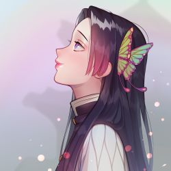 Rule 34 | 1girl, black hair, butterfly hair ornament, closed mouth, commentary, english commentary, from side, gradient hair, hair ornament, highres, kimetsu no yaiba, kochou kanae, lavelis, long hair, looking up, multicolored hair, pink hair, pink lips, profile, purple eyes, smile, solo, upper body