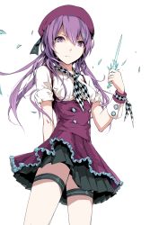 Rule 34 | 1girl, beret, bridal garter, checkered clothes, checkered neckerchief, checkered neckwear, chinese commentary, commentary, dagger, from below, hat, high-waist skirt, highres, holding, holding dagger, holding knife, holding weapon, knife, long hair, looking at viewer, neckerchief, purple eyes, purple hair, short sleeves, skirt, solo, suspender skirt, suspenders, thigh strap, transparent background, twintails, vocaloid, weapon, white background, wrist cuffs, xin hua, zen juraku