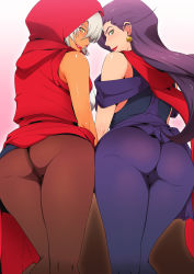 Rule 34 | 2girls, ahoge, ass, ass-to-ass, bare shoulders, battle tendency, blue hair, blush, breasts, cameltoe, earrings, greco roman (spiral brain), green eyes, grey hair, hair between eyes, hood, jewelry, jojo no kimyou na bouken, lisa lisa, long hair, looking at viewer, mariah (jojo), multiple girls, open mouth, pantyhose, pussy, scarf, short hair, skirt, smile, source request, stardust crusaders, take your pick, thighhighs, yellow eyes