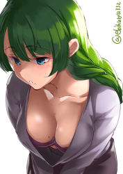 Rule 34 | 1girl, ahoge, alternate costume, backlighting, blue eyes, blush, braid, breasts, casual, commentary request, downblouse, ebifurya, green hair, heart, highres, kantai collection, leaning forward, lips, long hair, long sleeves, looking down, medium breasts, mole, mole on breast, mole under mouth, parted lips, purple shirt, shiny skin, shirt, simple background, single braid, solo, spoken heart, upper body, very long hair, white background, white shirt, yuugumo (kancolle)