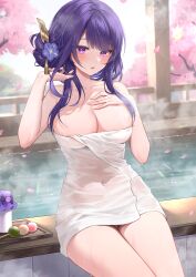 1girl absurdres blush bottle breasts cherry_blossoms collarbone commentary_request covered_navel dango day flower food genshin_impact hair_flower hair_ornament hair_up hand_on_own_chest hand_up highres large_breasts long_hair naked_towel onsen outdoors pink_petals purple_eyes purple_flower purple_hair raiden_shogun sanshoku_dango shrimp_cake sitting solo towel wagashi wet wet_towel