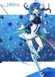 Rule 34 | aki (mare desiderii), blue eyes, blue hair, boots, bow, bowtie, detached sleeves, dress, gloves, hat, knee boots, pixiv, pixiv-tan, short hair, solo