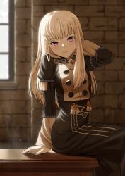 Rule 34 | 1girl, arm support, blonde hair, buttons, closed mouth, double-breasted, fagi (kakikaki), fire emblem, fire emblem: three houses, garreg mach monastery uniform, hand in own hair, hand up, highres, indoors, long hair, long sleeves, lysithea von ordelia, nintendo, pink eyes, smile, solo, stone wall, table, wall, window