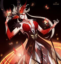 Rule 34 | 1girl, 5others, artist name, bare shoulders, black nails, blonde hair, breasts, bug, butterfly wings, cat graveyard, cleavage, collarbone, covered eyes, crimson lotus moth (genshin impact), dress, fire, genshin impact, highres, insect wings, long hair, mask, multiple others, nail polish, ponytail, red dress, signora (crimson witch of embers) (genshin impact), signora (genshin impact), smile, solo, upper body, very long hair, wings