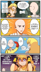 Rule 34 | 1boy, 1girl, 4koma, bald, bandages, blonde hair, breasts, cape, cleavage, clenched teeth, comic, crossover, english text, engrish text, gloves, highres, long hair, one-punch man, purple eyes, ranguage, rouzille, rwby, saitama (one-punch man), scared, shaded face, sweat, tears, teeth, trembling, typo, yang xiao long