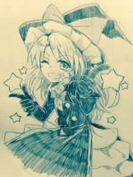 Rule 34 | 1girl, ;), blush, bow, braid, commentary request, cowboy shot, efukei, finger gun, gloves, grin, hair between eyes, hair bow, hat, hat bow, kirisame marisa, long hair, long sleeves, looking at viewer, monochrome, one-hour drawing challenge, one eye closed, pointing, side braid, single braid, smile, solo, star (symbol), teeth, touhou, traditional media, witch hat