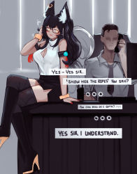 Rule 34 | ..., 1boy, 1girl, :3, ahri (league of legends), animal ear fluff, animal ears, bare shoulders, black footwear, black hair, black skirt, black thighhighs, boots, breasts, cleavage, cleavage cutout, clothing cutout, commentary, commentary request, crossed legs, desk, ehrrr, english commentary, english text, faceless, faceless male, facial mark, fox ears, fox tail, glasses, high heel boots, high heels, highres, indoors, knee boots, large breasts, league of legends, long hair, nail polish, office, office lady, on desk, pencil skirt, red nails, shirt, sitting, on desk, skirt, sleeveless, sleeveless shirt, smile, sparkle, tail, thighhighs, thighhighs under boots, whisker markings, white shirt, yellow eyes