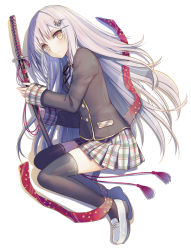 Rule 34 | 1girl, black thighhighs, blush, brown eyes, full body, hair ornament, hairclip, highres, katana, loafers, long hair, long sleeves, looking at viewer, md5 mismatch, original, resolution mismatch, school uniform, shoes, silver hair, simple background, skirt, solo, source smaller, sword, thighhighs, very long hair, weapon, white background, yuuki rika, zettai ryouiki