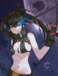 Rule 34 | 1girl, asymmetrical hair, bikini, bikini top only, black bikini, black gloves, black hair, black rock shooter, black rock shooter: dawn fall, black rock shooter (character), blue eyes, breasts, chain, cleavage, closed mouth, dated, flaming eye, floating hair, gloves, hair between eyes, highres, long hair, looking at viewer, midriff, navel, small breasts, solo, stomach, swimsuit, twintails, yan guang aoxiang