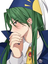 Rule 34 | 1boy, ascot, blue capelet, blush, brooch, capelet, covering own mouth, ear blush, earrings, embarrassed, enoki 3106, gem, genderswap, genderswap (ftm), green eyes, green hair, hat, jewelry, long hair, long sleeves, mima (touhou), parted bangs, puffy long sleeves, puffy sleeves, red gemstone, sidelocks, sideways glance, sideways mouth, signature, simple background, stud earrings, sweatdrop, touhou, touhou (pc-98), upper body, white background, witch hat, yellow ascot