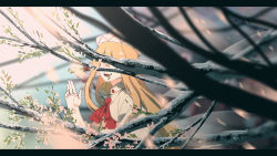 Rule 34 | 1girl, :d, ascot, blonde hair, branch, cherry blossoms, collared dress, commentary, covered eyes, dress, hand up, hat, hidden eyes, highres, irohasu (sasagarasu), leaf, letterboxed, lily white, long hair, looking at viewer, open mouth, red ascot, smile, solo, spring (season), touhou, upper body, waving, white dress, white hat
