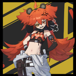 Rule 34 | 1girl, puff of air, ahoge, anger vein, angry, animal ears, armlet, asymmetrical gloves, bear ears, belt, belt buckle, belt pouch, black background, black border, black gloves, black hairband, black shirt, blush, border, bright pupils, brown belt, buckle, clothes around waist, collar, commentary request, cowboy shot, crop top, elbow gloves, eyelashes, eyepatch, fake animal ears, fingerless gloves, flame print, gloves, hair between eyes, hair intakes, hairband, hands on own hips, highres, jacket, jacket around waist, koleda belobog, lemonpee123, long hair, looking at viewer, metal collar, midriff, navel, one eye covered, open mouth, pants, parted bangs, pouch, red eyes, red hair, sharp teeth, shirt, sidelocks, simple background, single elbow glove, sleeveless, sleeveless shirt, solo, standing, stomach, teeth, twintails, uneven gloves, v-shaped eyebrows, very long hair, white jacket, white pants, white pupils, yellow background, zenless zone zero