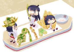 Rule 34 | &gt; &lt;, 3girls, :&gt;, = =, bamboo shoot, black hair, blush, bowl, chibi, closed mouth, commentary request, detached sleeves, dual persona, eating, food, fusou (kancolle), geta, hair between eyes, hair flaps, hair ornament, headgear, hinata yuu, holding, holding food, japanese clothes, kantai collection, long sleeves, looking at another, multiple girls, nontraditional miko, open mouth, short hair, shrimp, shrimp tempura, smile, socks, standing, tempura, tray, white legwear, wide sleeves, yamashiro (kancolle)
