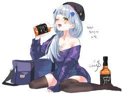 Rule 34 | 1girl, alcohol, bad id, bad pixiv id, bare shoulders, beret, blue bag, blunt bangs, blush, breasts, cleavage, commentary, facial mark, girls&#039; frontline, gloves, green eyes, hair ornament, hat, highres, hk416 (girls&#039; frontline), jack daniel&#039;s, jacket, large breasts, long hair, looking at viewer, no shoes, silver hair, simple background, sleeves past wrists, solo, teardrop, thighhighs, translation request, urim (paintur), very long hair, white background