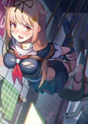 Rule 34 | 10s, 1boy, 1girl, :o, absurdres, admiral (kancolle), arms behind back, bathroom, bdsm, black ribbon, black serafuku, black skirt, black socks, blonde hair, blurry, bondage, bound, bound ankles, bound arms, bra, bra peek, breast bondage, cellphone, crop top, crop top overhang, depth of field, dutch angle, fang, gloves, hair flaps, hair ornament, hair ribbon, hairclip, highres, holding, holding phone, indoors, kantai collection, kexue, kneehighs, long hair, looking at viewer, looking to the side, midriff, military, military uniform, miniskirt, mirror, naval uniform, neckerchief, no shoes, open door, out of frame, panties, pantyshot, pantyshot through reflection, phone, plaid, pleated skirt, polka dot, polka dot bra, red eyes, red neckerchief, reflection, ribbon, rope, scarf, school uniform, serafuku, shade, shibari, shibari over clothes, shirt, short sleeves, skin fang, skirt, socks, soles, solo focus, straight hair, suspension, tile wall, tiles, torn clothes, torn legwear, torn shirt, torn socks, towel, underwear, uniform, upshorts, upskirt, wall, white bra, white gloves, white panties, white scarf, yuudachi (kancolle), yuudachi kai ni (kancolle)