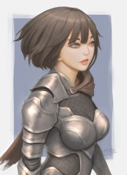 Rule 34 | 10s, 1girl, 2016, armor, black hair, breastplate, cape, gauntlets, geo siador, knight, lips, looking to the side, metal, nose, original, short hair, shoulder armor, solo, pauldrons, upper body, vambraces, white border
