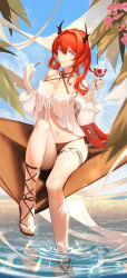 Rule 34 | 1girl, absurdres, arknights, bare shoulders, bikini, black choker, black ribbon, blue sky, breasts, chain, choker, cleavage, closed mouth, criss-cross halter, cup, day, detached sleeves, food, full body, hair between eyes, hair intakes, halterneck, hammock, highres, holding, holding cup, holding spoon, horns, ice cream, knee up, large breasts, long hair, long sleeves, looking at viewer, momochu, navel, official alternate costume, outdoors, purple eyes, red hair, ribbon, sandals, side-tie bikini bottom, sitting, sky, smile, soaking feet, solo, spoon, surtr (arknights), surtr (colorful wonderland) (arknights), swimsuit, swimsuit cover-up, thigh strap, very long hair, water