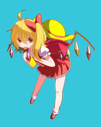 Rule 34 | 1girl, absurdres, ascot, bag, bandaid, bandaid on knee, bandaid on leg, blonde hair, bow, colored eyelashes, crystal, flandre scarlet, full body, hair bow, hair ribbon, hat, unworn hat, unworn headwear, highres, leaning forward, looking at viewer, lossofblood, mary janes, miniskirt, puffy short sleeves, puffy sleeves, red eyes, ribbon, school bag, shoes, short hair, short sleeves, side ponytail, simple background, skirt, socks, solo, tongue, tongue out, touhou, wings