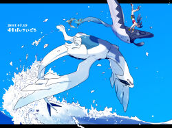 Rule 34 | blue background, blue hair, blue skin, blue sky, colored skin, commentary request, creatures (company), dated, flying, game freak, gen 2 pokemon, kris (pokemon), legendary pokemon, letterboxed, low twintails, lugia, mantine, nintendo, pokemon, pokemon (creature), pokemon gsc, remoraid, riding, riding pokemon, simple background, sky, splashing, totodile, twintails, water, waves, white skin, wings, ytot 335