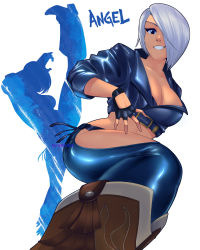 Rule 34 | 1girl, angel (kof), astrubalart, blue eyes, boots, bra, breasts, chaps, cowboy boots, cropped jacket, fingerless gloves, gloves, hair over one eye, highres, jacket, large breasts, leather, leather jacket, looking at viewer, short hair, snk, solo, strapless, strapless bra, the king of fighters, the king of fighters xiv, toned, underwear