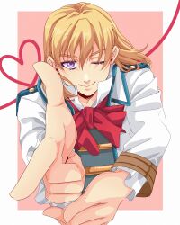 Rule 34 | 1boy, absurdres, blonde hair, border, bow, closed mouth, commentary, cropped torso, eiyuu densetsu, english commentary, eyelashes, hair between eyes, heart, highres, long hair, looking at viewer, male focus, olivert reise arnor, one eye closed, outside border, pointing, pointing at viewer, purple eyes, red background, red bow, sen no kiseki, simple background, solo, upper body, white border, yuzukiyo